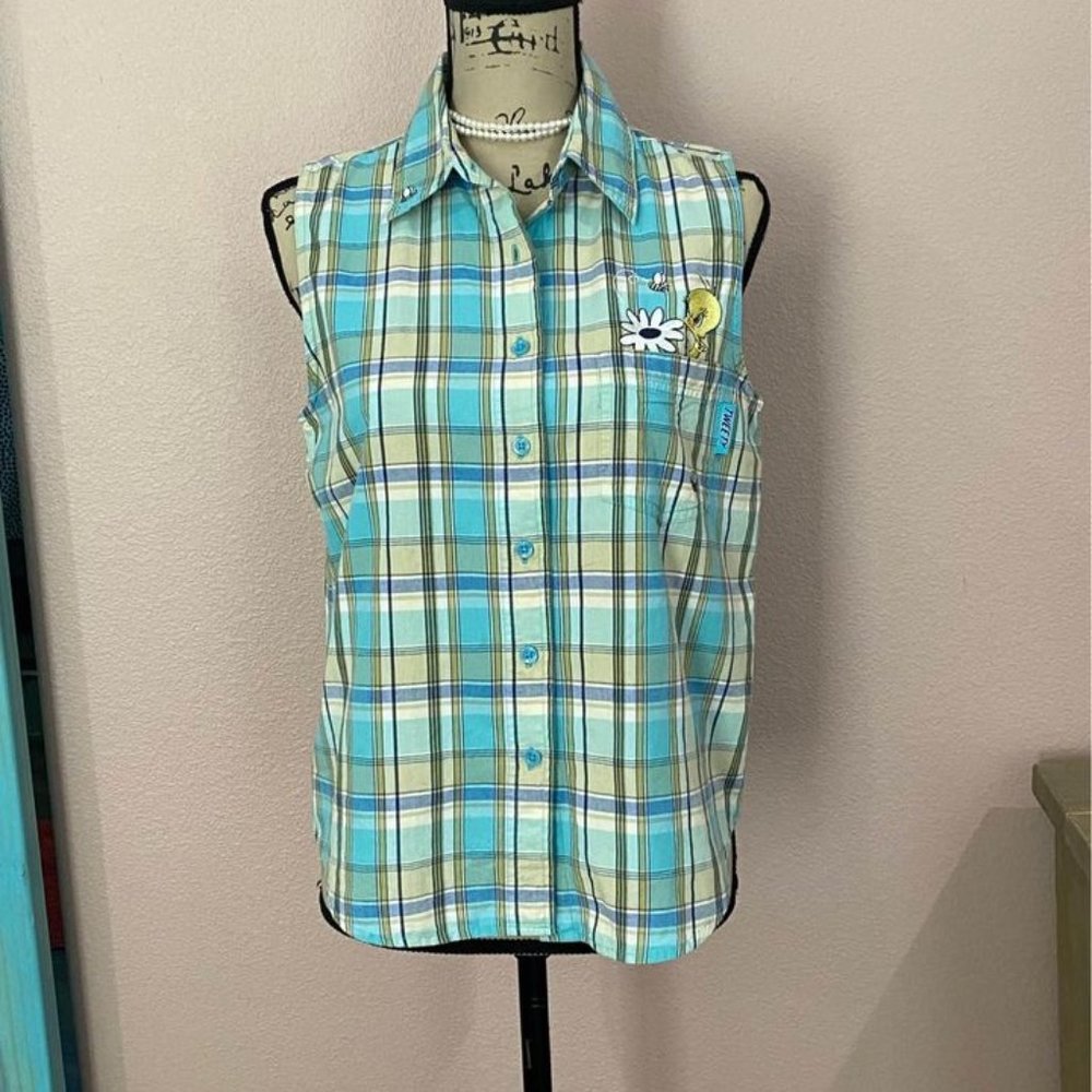 Looney Tunes Vintage Tweety Green/Blue Plaid Sleeveless Button Down Top …